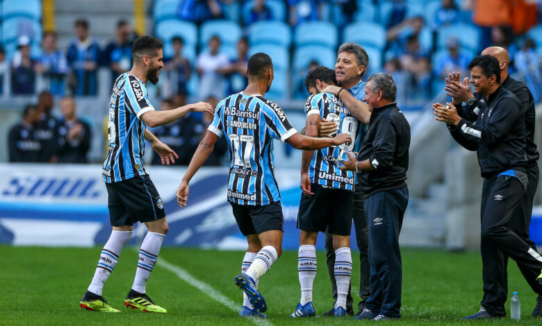 Jogadores do Grêmio ao lado do treinador Renato Gaúcho